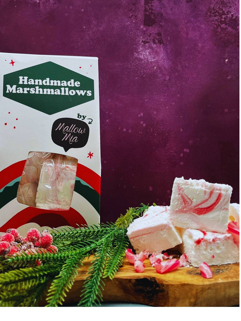 Seasonal favourite. Limited edition: peppermint  & vanilla swirl  marshmallows 100g box
