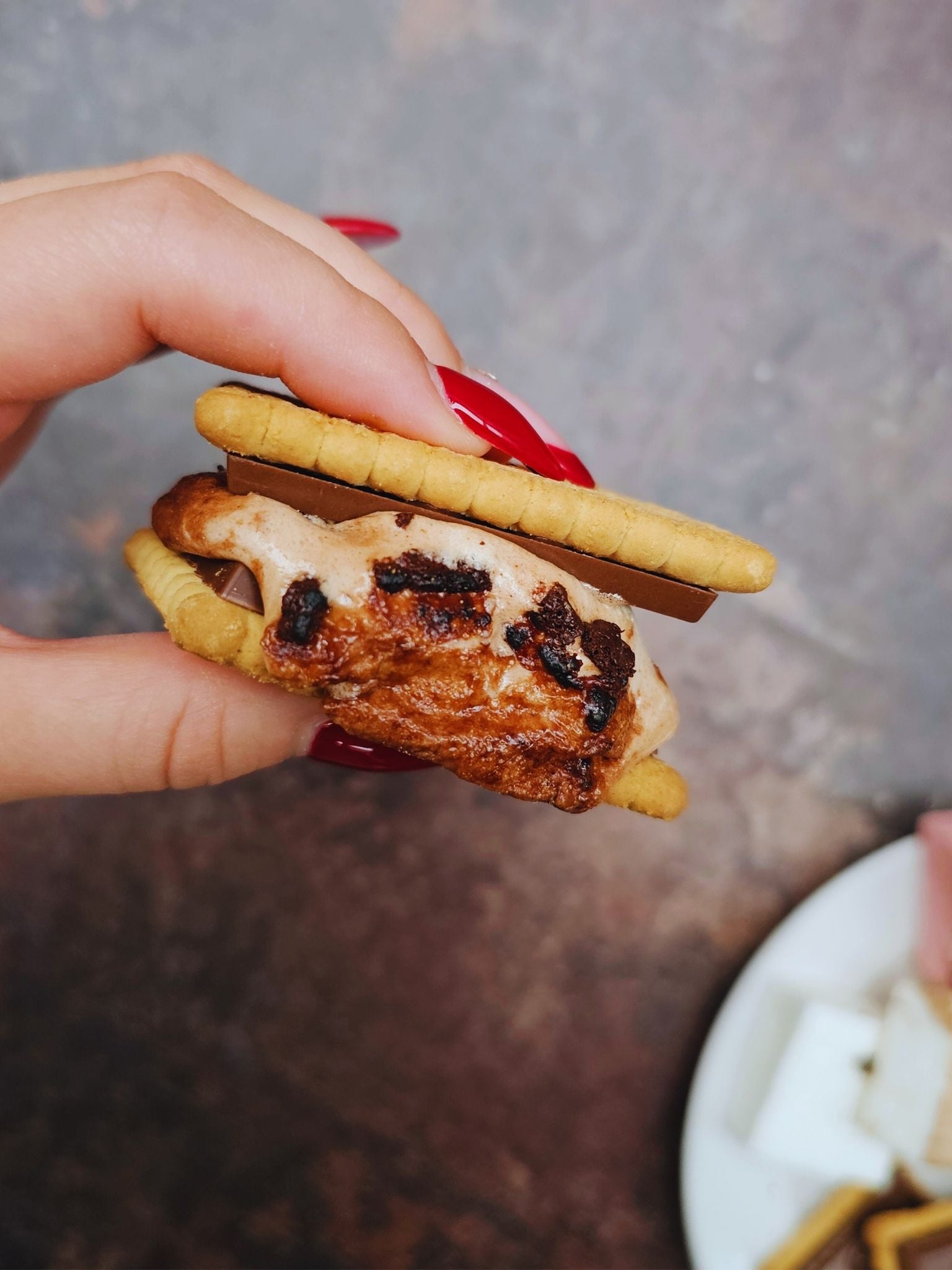 Hand holding a s'mores cookie with a blurred background